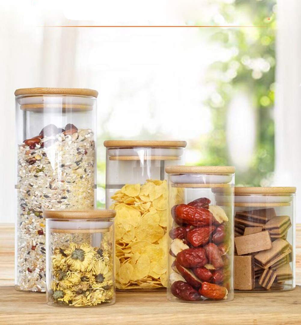2 recipientes vacíos de vidrio transparente grueso para el hogar, cocina, almacenamiento de alimentos, ollas con tapas de madera herméticas, botellas herméticas para café, granos, té, azúcar, 6