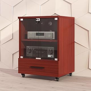 HiFi Rack Vitrine mit s Tür, Massivholz Ma Konsole mit Rollen, o Video Sto Ständer, HiFi Regal mit Ders, Drehteller Schrank für Wohnzimmer, Schlafzimmer, Büro