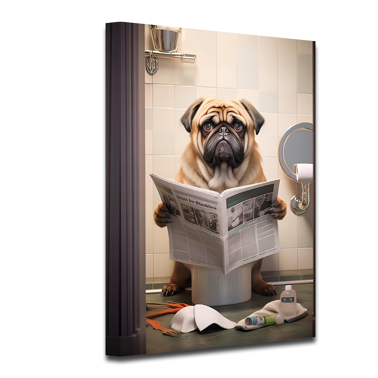 CXHOSTENT Dog Sitting on Toilet Reading Newspaper Canvas Print - Funny Animal Bathroom Picture for Restroom or Baby Room Decor (70.00 x 105.00 cms) — image 1
