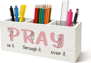 Inspirational Gifts Pen Holder - Preppy Bible Verse Christian Gifts Wooden Pencil Holder Desk Accessories, Pink Pray on Over Through It Wooden Box Sign Desk Decor