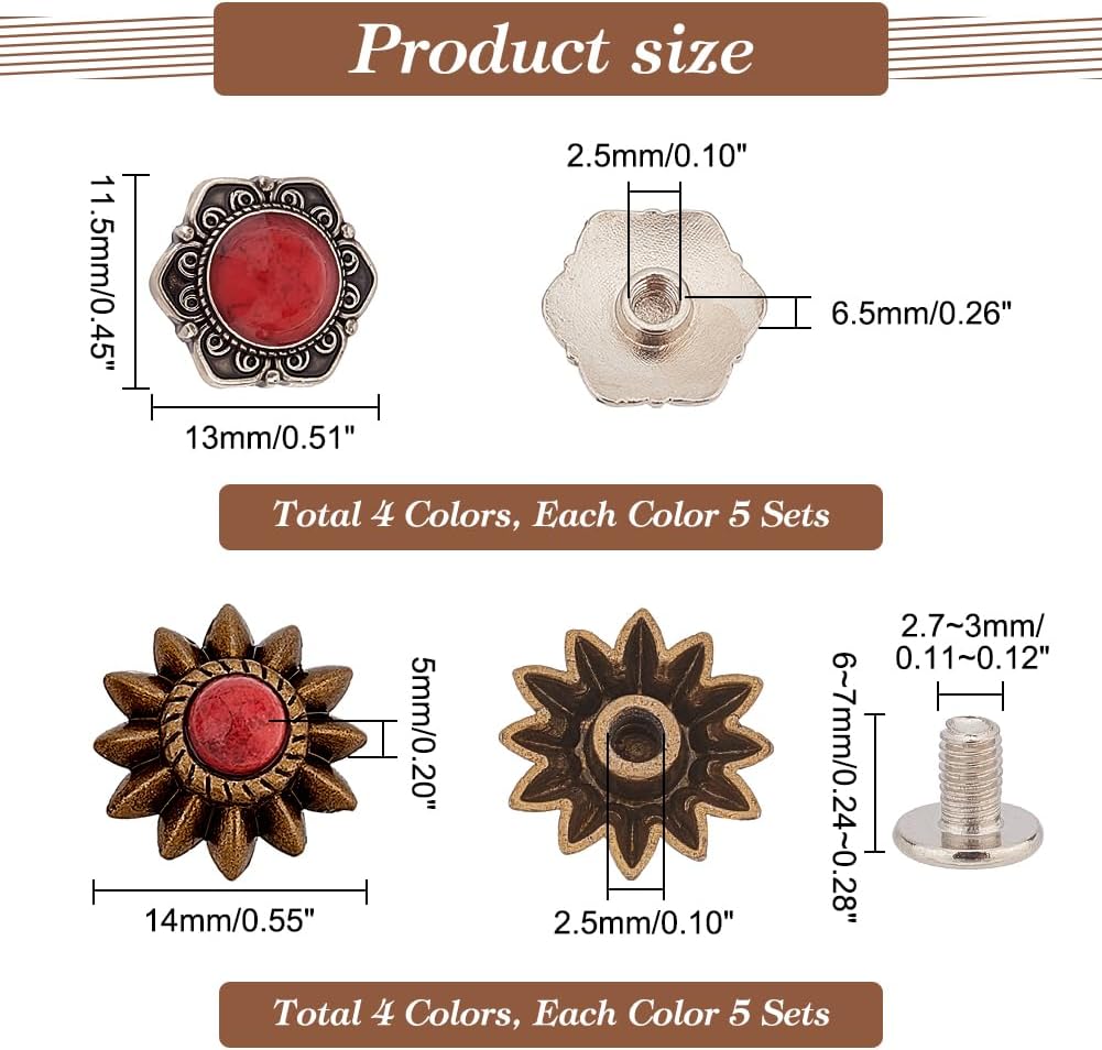 AHANDMAKER 40 Sets 8 Style Coin Screw Rivets Decorative Buckle Sunflower Shape Castings Screw Back Button for Leather Screw Back Manual DIY Decoration