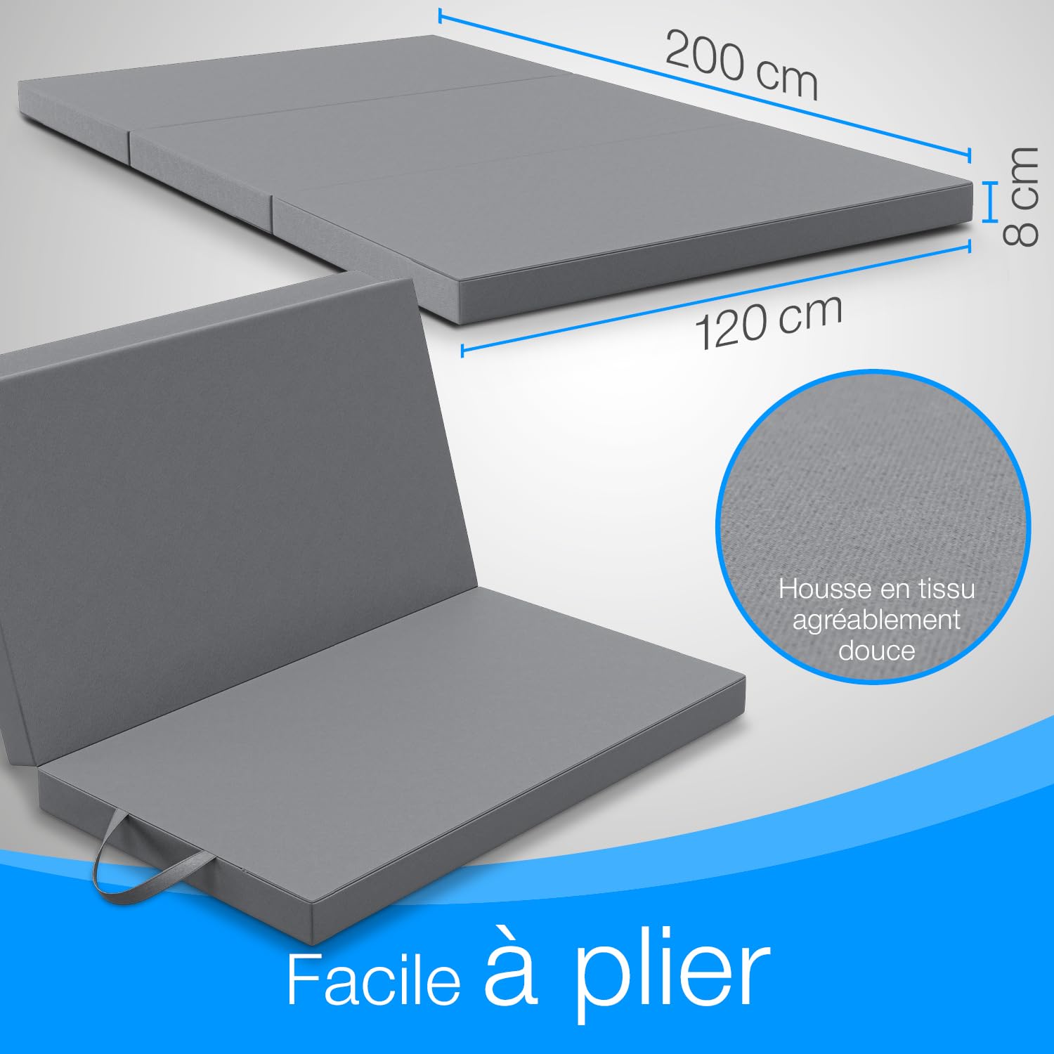 ELONEO Matelas Pliant pour 2 Personnes, 120x200 cm, épaisseur : 8 cm, idéal comme lit d’appoint ou Matelas de Voyage, Facile à Plier, utilisable comme lit d’appoint ou Cube d’Assise, Lavable, Gris
