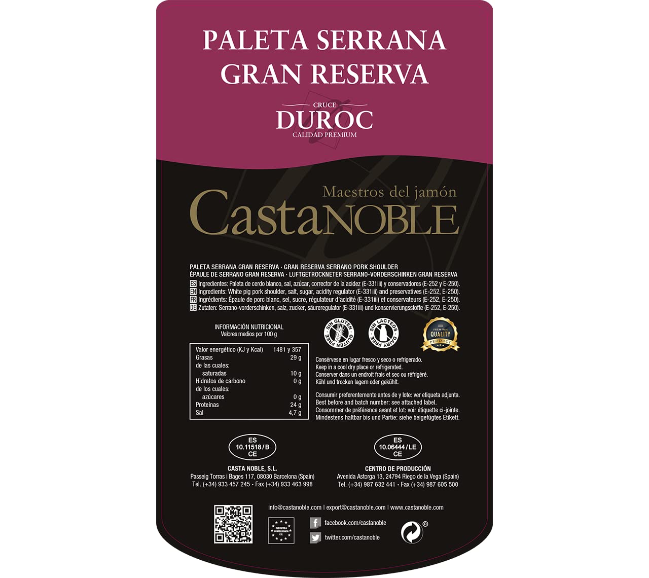Paleta Serrana Gran Reserva Cruce Duroc | Castanoble | Peso Min. 5 kg | Curación 18 Meses aprox.