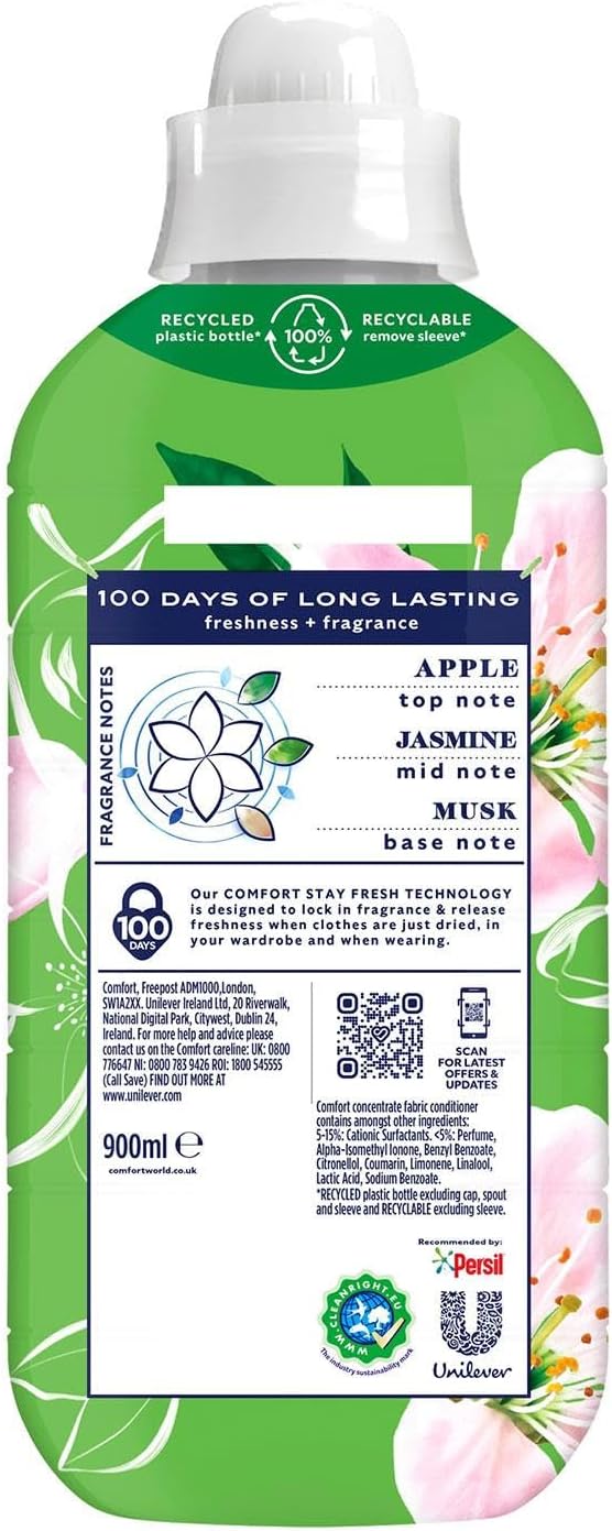 Comfort Creation Concentrated Fabric Conditioner with 100 Days of Long Lasting Fragrance and Softness Intense Liquid Fabric Softener 30 Washes, 900 ml (Apple Blossom, Buy 4)