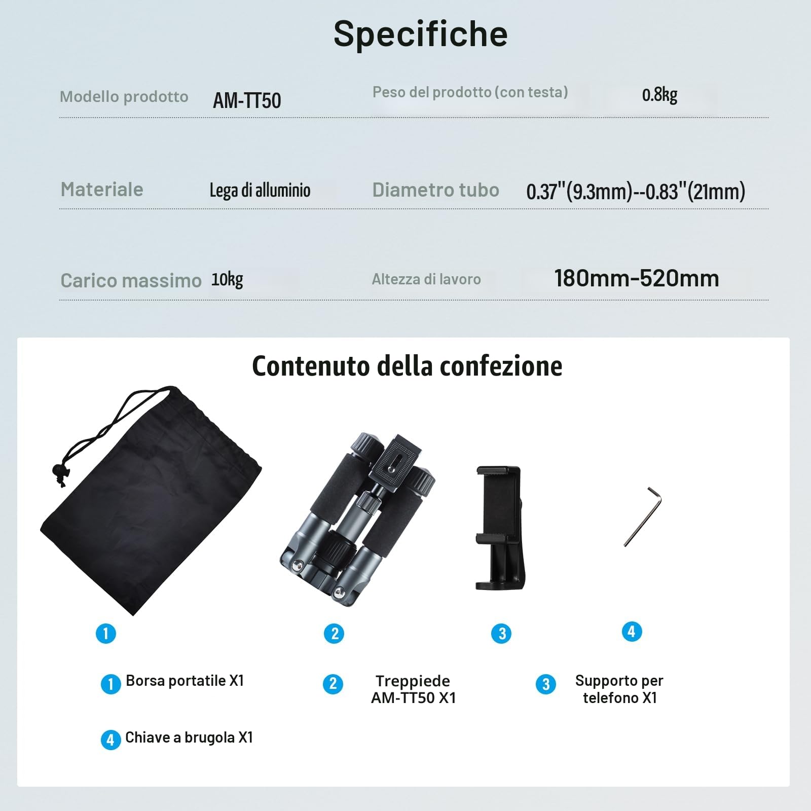 SIRUI Mini Treppiede da Tavolo Compatto, 50,8 cm Treppiede Portatile Piccolo in Alluminio con Testa Sfera a 360° e Supporto per Telefono per DSLR, Fotocamera, Telefono, Carico Fino a 10kg, AM-TT50