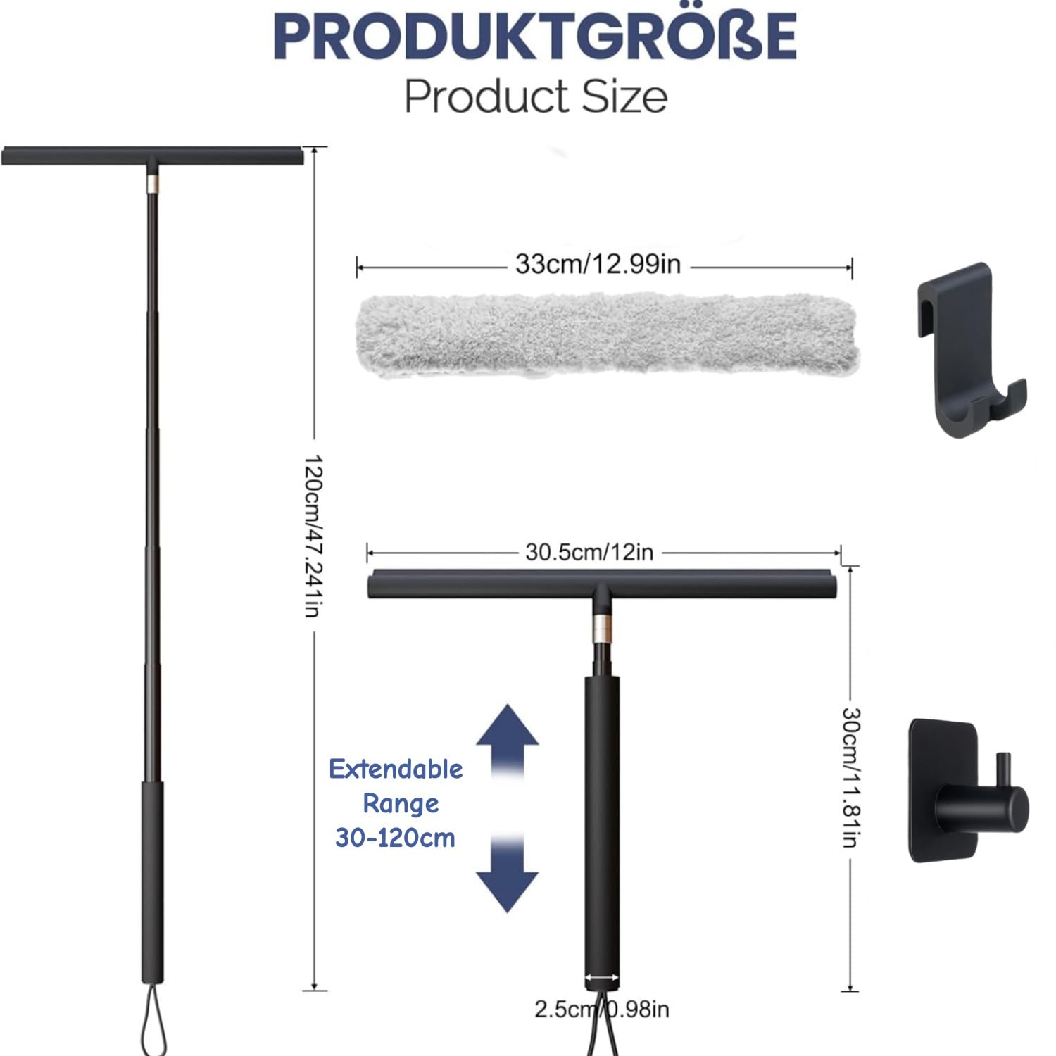 Shower Squeegee ściągaczka prysznicowa z długim uchwytem, 2 w 1, drążek teleskopowy 120 cm, ściągaczka do podłogi, do wody, do mycia szyb, myjka do okien, czarna