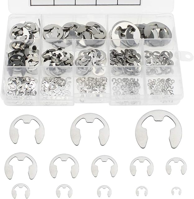 DXLing 400 Pieces Stainless Steel E-Clip Retaining Ring 13 Size M1.5/M2/M2.5/M3/M4/M5/M6/M7/M8/M9/M10/M12/M15 Internal Opening Ring Circlip Assortment Kit with Plastic Box
