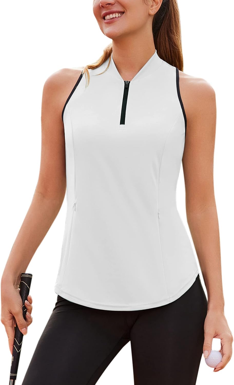 Sleeveless Golf Shirt Racerback Polo Shirts for Women Quarter Zip Quick Dry UPF 50+ Tennis Tank Tops with Pocket