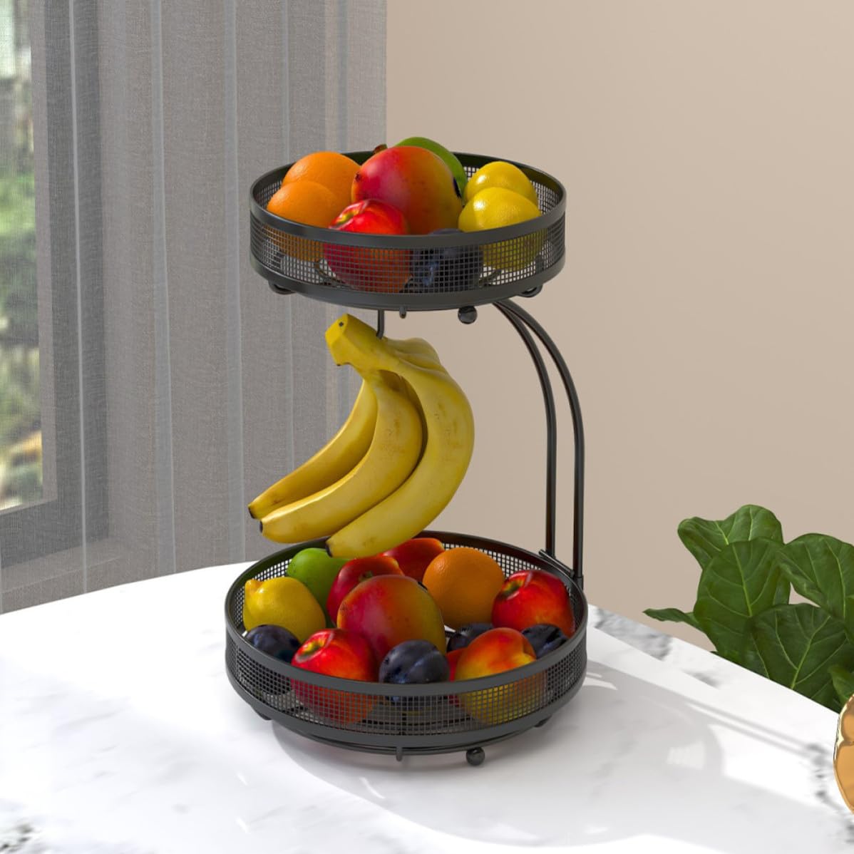 Obstkorb Obstorganisator 2 stöckiger aus Eisen Schwarzer mit Bananenhalter Großer Kapazität für und Snacks für Desktop und Schlafzimmer