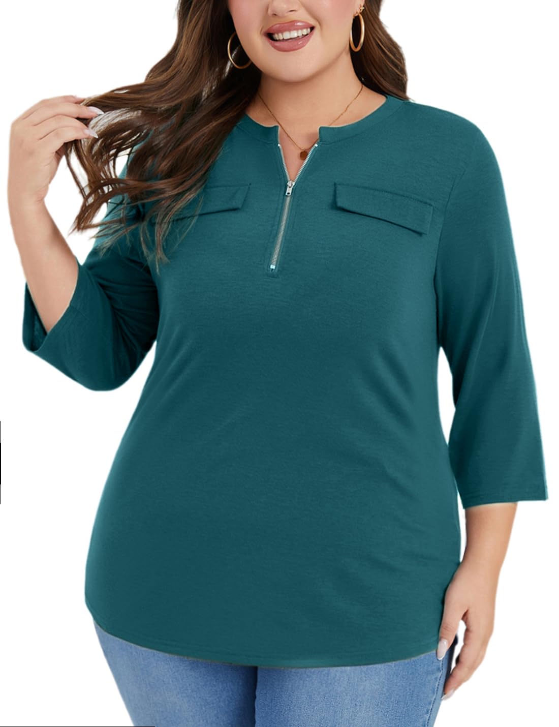 Hithymo Plus Size Tops for Women Short Sleeve 1/4 Zip Up Tunic Shirts