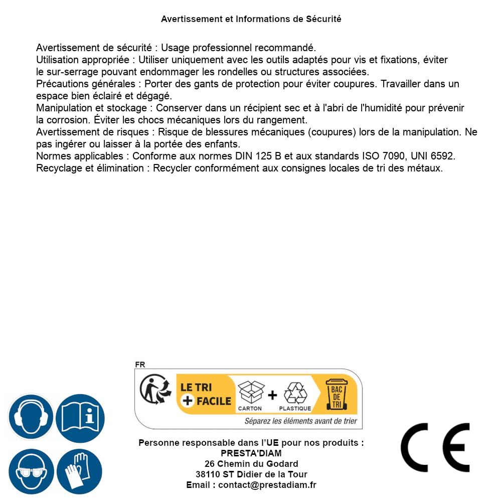 100 arandelas planas escotadas 12 mm – DIN 125 B – ISO 7090 – UNI 6592 – Inox A2 – D-Work