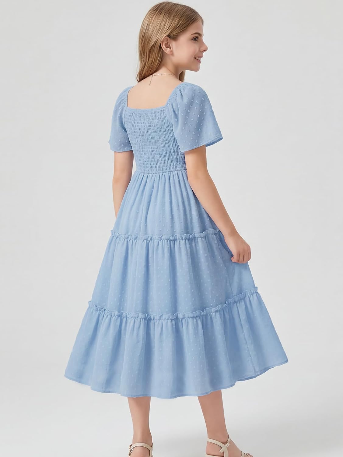 NEW 6-14 Years Girls Dress Swiss Dot Smocked Flutter Sleeve Tiered Maxi Wedding Guest Party Summer Sundress