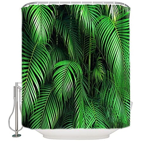 Shower Curtain Mould ​and Mildew Resistant 100% Polyester-Waterproof Quick-Drying, Weighted Hem, Shower Curtains Bathroom Green leaf tropical jungle plant Pattern-W180xH180CM,with 12 Hooks Cover