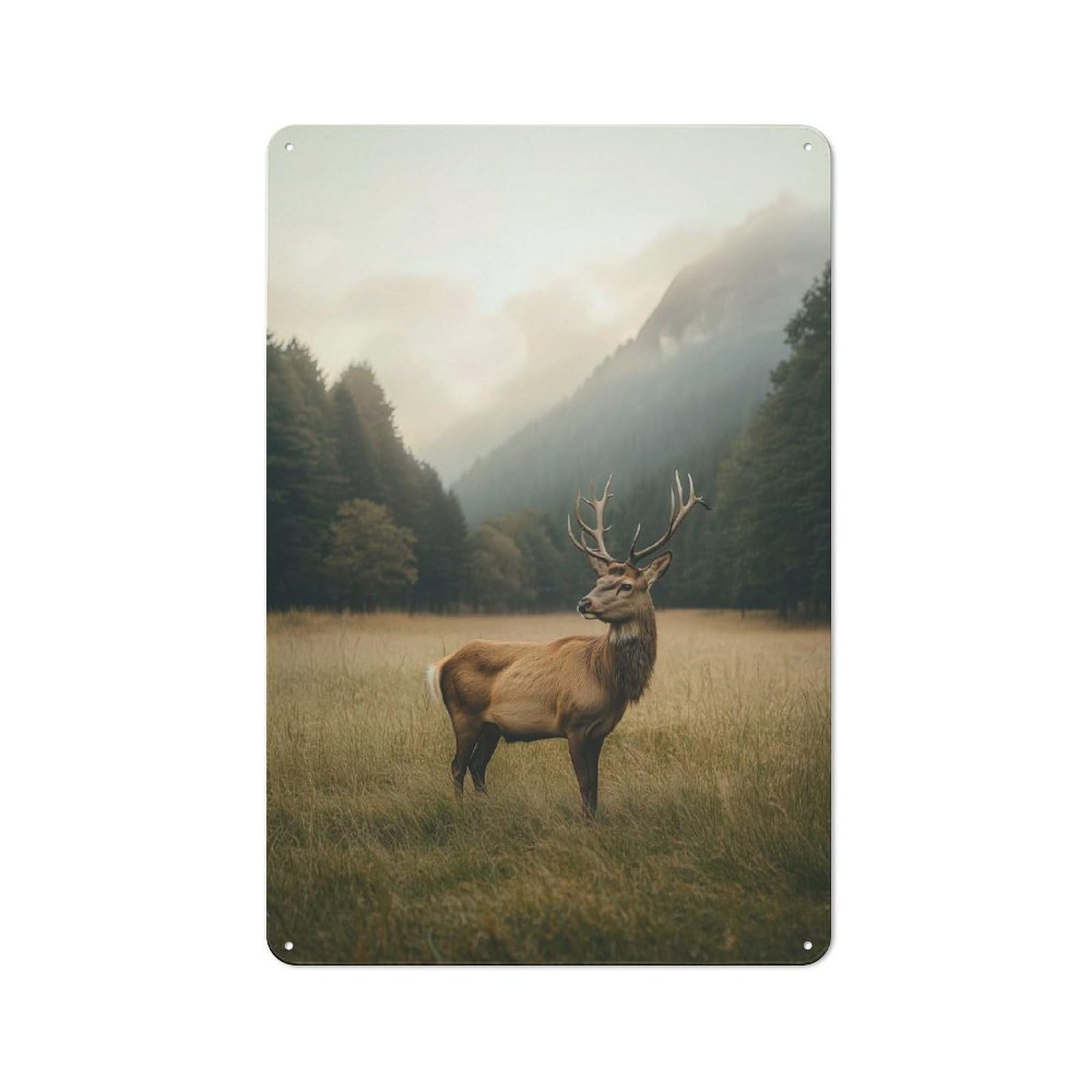 Junmoney Style-7 Metal Wall Sign 30X20cm Featuring Majestic Deer In Foggy Forest For Café Or Restaurant, A New Home Present For Hospitality Interior Collectors