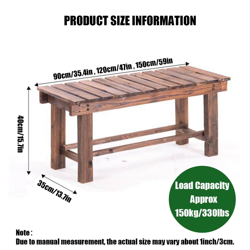 Banco de Jardín 90/120/150 CM, Banco de Madera Carga 150 KG, Asiento Exterior sin Respaldo para 2-3 Personas, Banco Taburete para Porche Parque Patio Piscina(47.2in/120cm)