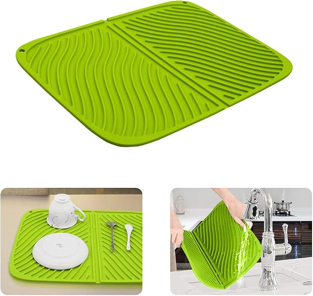 AINIMI Silicone Drain Pad, Multi-Purpose Drying Mats, Counter top Mat, Dish Draining Mat, Non Slip Flexible Durable Heat Resistant Drain Mat (Set of 2),Large Silicone Trivet/Green-Two Pieces (Green)