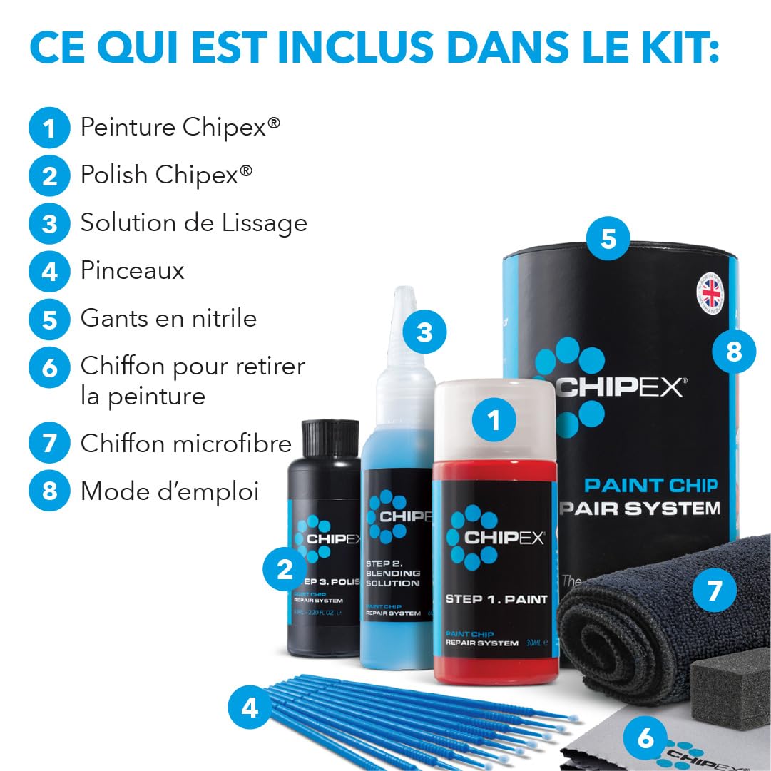 Chipex Kit de retouche Kit de réparation de rayures, peinture automobile mélangée selon le code couleur pour tous les modèles – Correspondance exacte garantie – Version Pro (grand format)