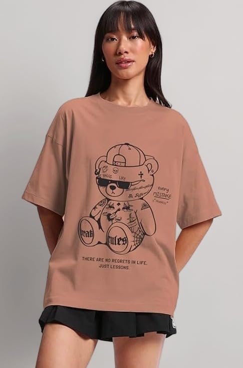 JUNEBERRY® 100% Pure Cotton Oversized Loose Baggy Fit Drop Shoulder Half Sleeve Round Neck Cool Front Teddy Printed Cork & White T-Shirt for Women/Girls (Available in from S to 2XL)