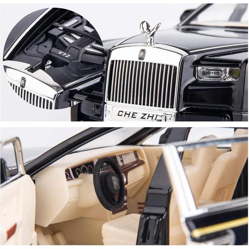 Image of Kids Model 1:24 Rolls-Royce Phantom Die Cast Metal Car Pull Back Action Opening Doors with Realistic Engine Sound Lights Toy Car Gift for Boys -Black