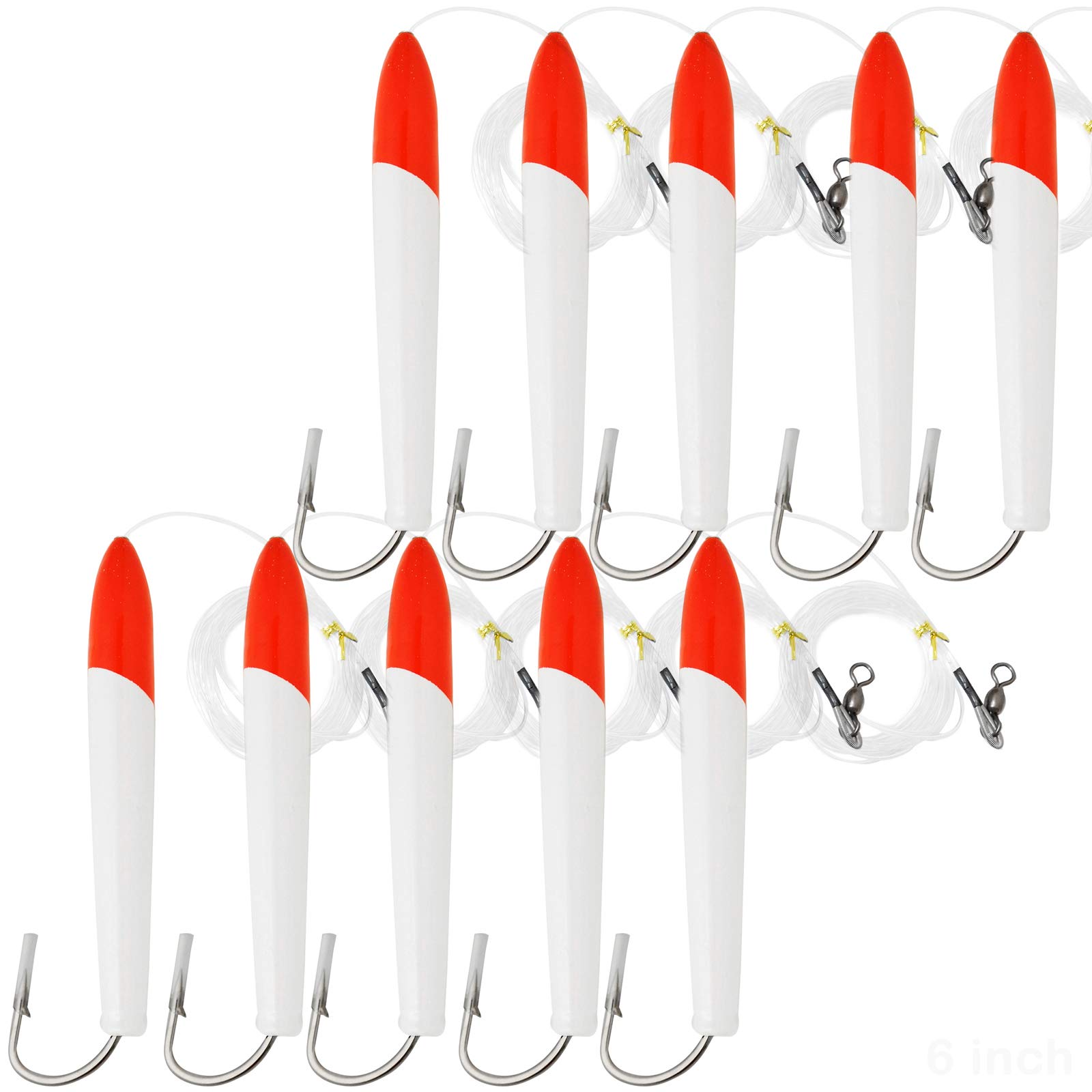 10pcs Fish WOW! 6" Fishing Cedar Plugs Rigged Tuna Mahi Trolling Wood Lure - Red White