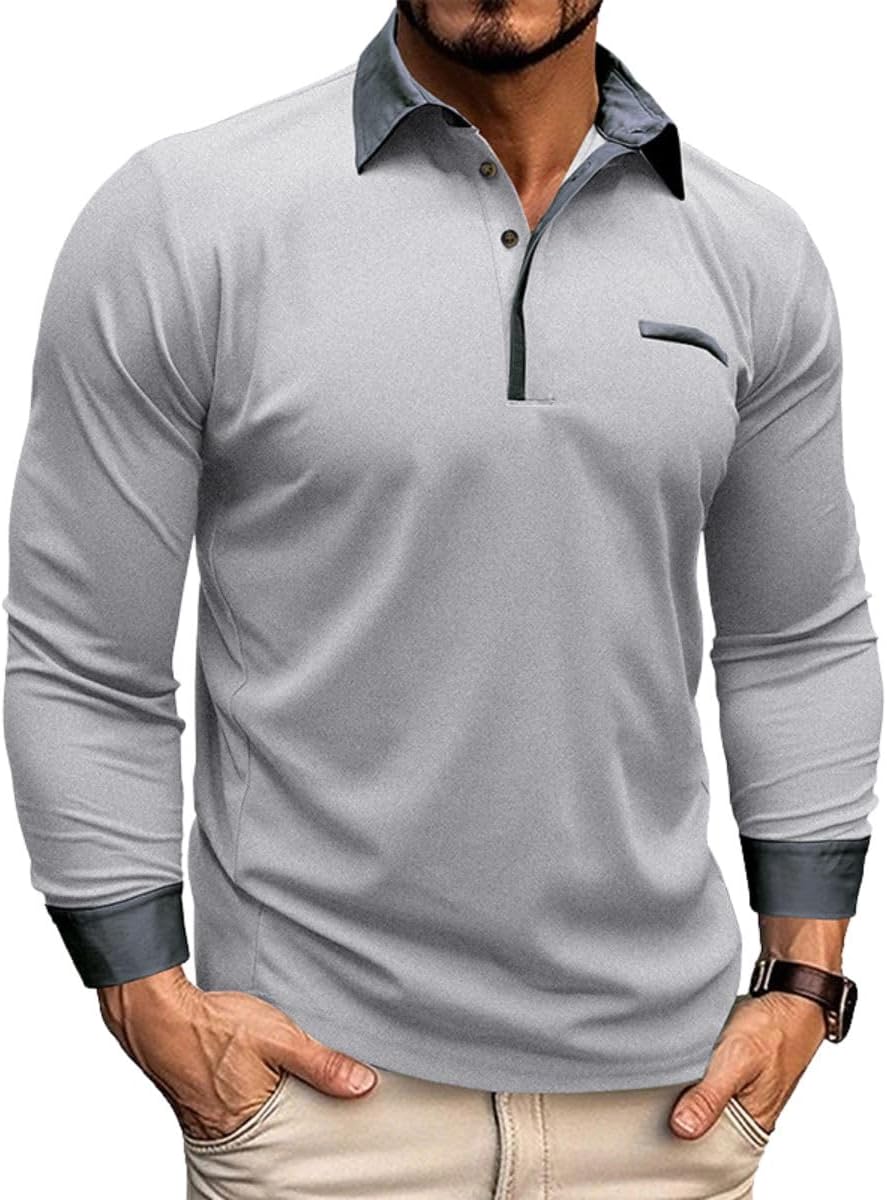 HOTYD Classic Polo Shirts for Men Long Sleeve Button Solid Color Collared Shirt Mens Golf Shirt Basic Slim Fit Casual Shirts