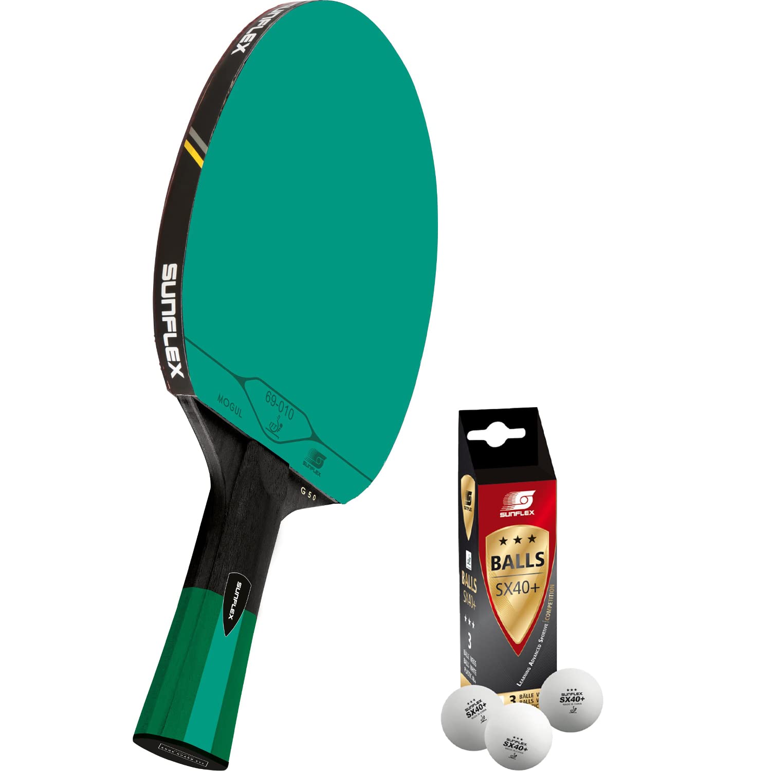 Sunflex® Color COMP G50 Tischtennisschläger | Tischtennis Racket Bat TT Profi Wettkampfschläger | anatomischer Griff | ITTF zertifizierter grüner Belag | für Profis & Vereinsspieler