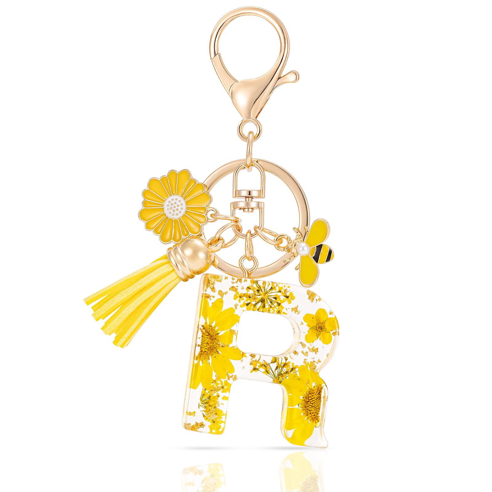 MWOOT Letter Keychain Initiale Schlüsselanhänger Buchstabe,Alphabet Harz Blume Key Chain mit Gänseblümchen Biene Quaste Anhänger Handtasche Geldbörse Charm,Gelb Blütenblatt Keyring für Frauen