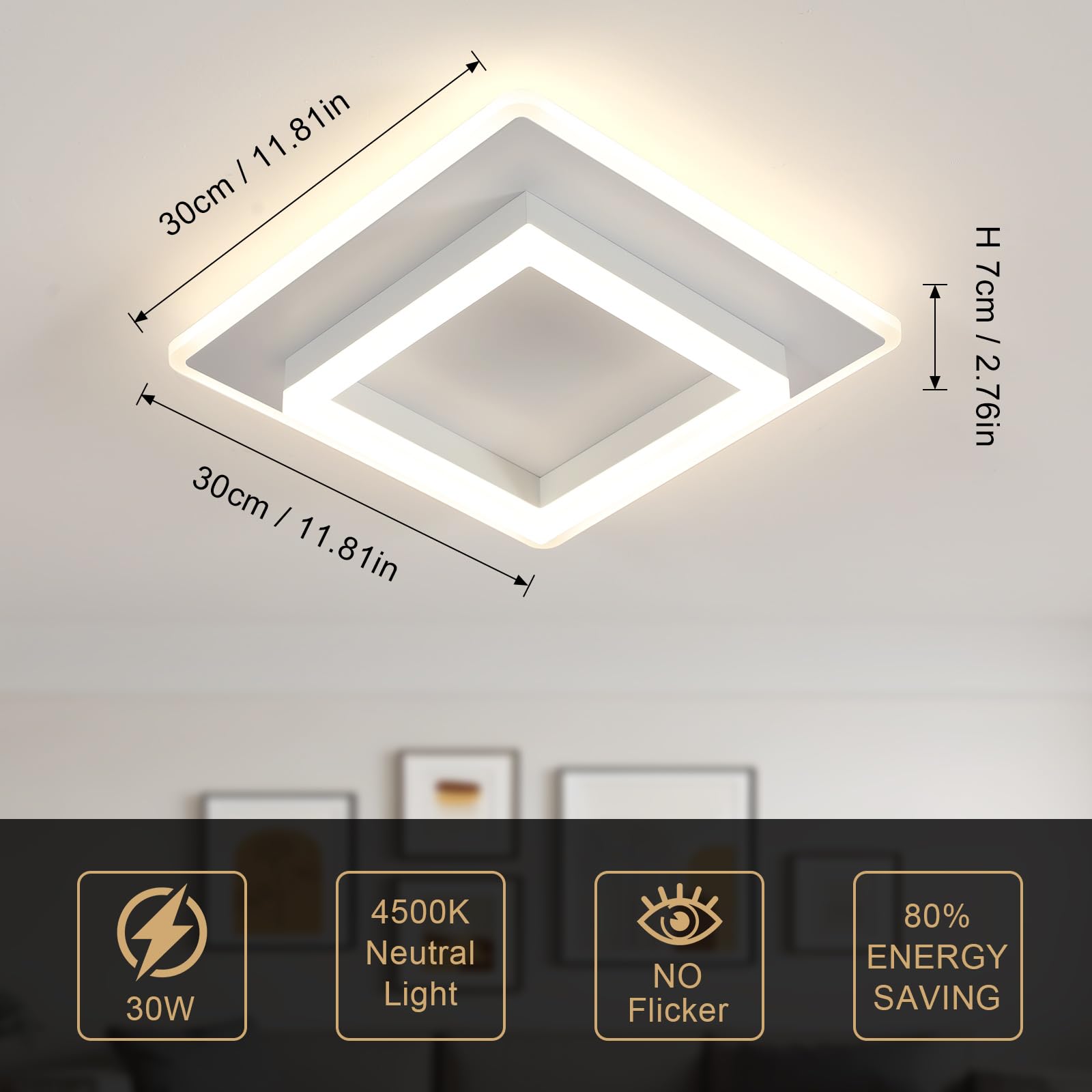 DELIPOP Plafoniera LED Soffitto Moderna, 30W Lampada da Soffitto Luce Naturale 4500K, Lampadario LED Quadrata in Acrilico per Soggiorno, Camera da letto, Cucina, Corridoio, Bianco