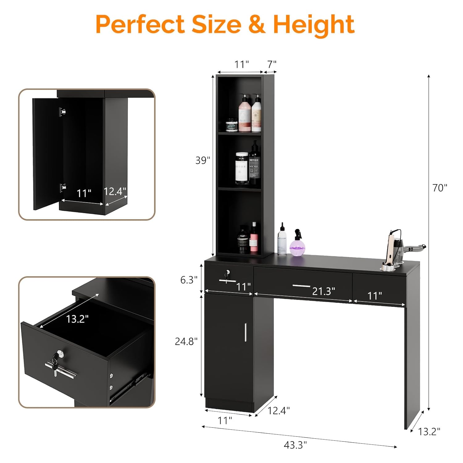 OmySalon Salon Stations for Hair Stylist, Locking Barber Station Organizer, Wall Mount Hair Styling Equipment with 2 Drawers, 1 Storage Cabinet, 3 Open Shelves, for Beauty Spa Hairdresser, Black
