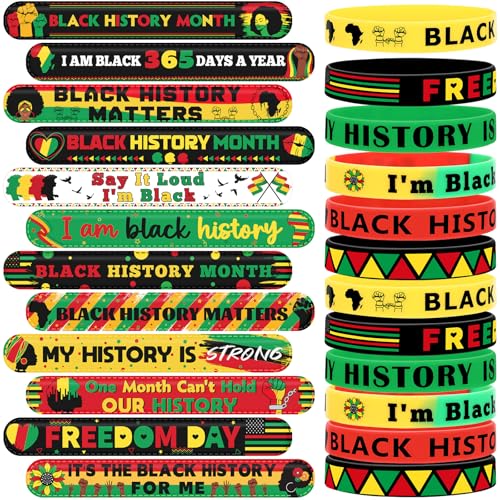 JUNEBRUSHS 50Pcs Black History Month Party Favors, Black History Slap Bracelets and Silicone Bracelets for Kids Adult Gifts Black History Month Wristbands Accessories Bulk for Black History Decoration