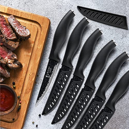 Ritsu Steak Knife Set, 4.5" Steak Knives Set Of 6, Premium German Steel Steak Knives With Non-Stick Coating, Ultra Sharp Serrated Steak Knife, Ergonomic Handle Design, Suitable For Home & Outdoor #TOP6