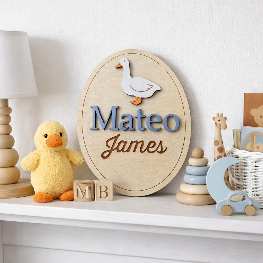 Personalized Baby Name Sign with Goose + Birth Stat Sign Set – Wooden Baby Announcement Sign, Custom Newborn Photo Prop for Hospital, Vintage look sign (Goose Name + Stat Sign Bundle)