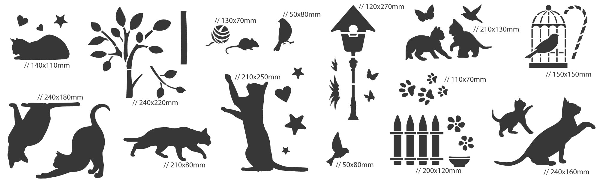 NAKLEO Schablonen Malen für Kinderzimmer, 14 Stück Set 9x12 bis 23x34cm Katzen Tiere, Wiederverwendbare Kunststoff Malvorlage Raumdekoration, Basteln DIY Wand Möbel Papier Stoff