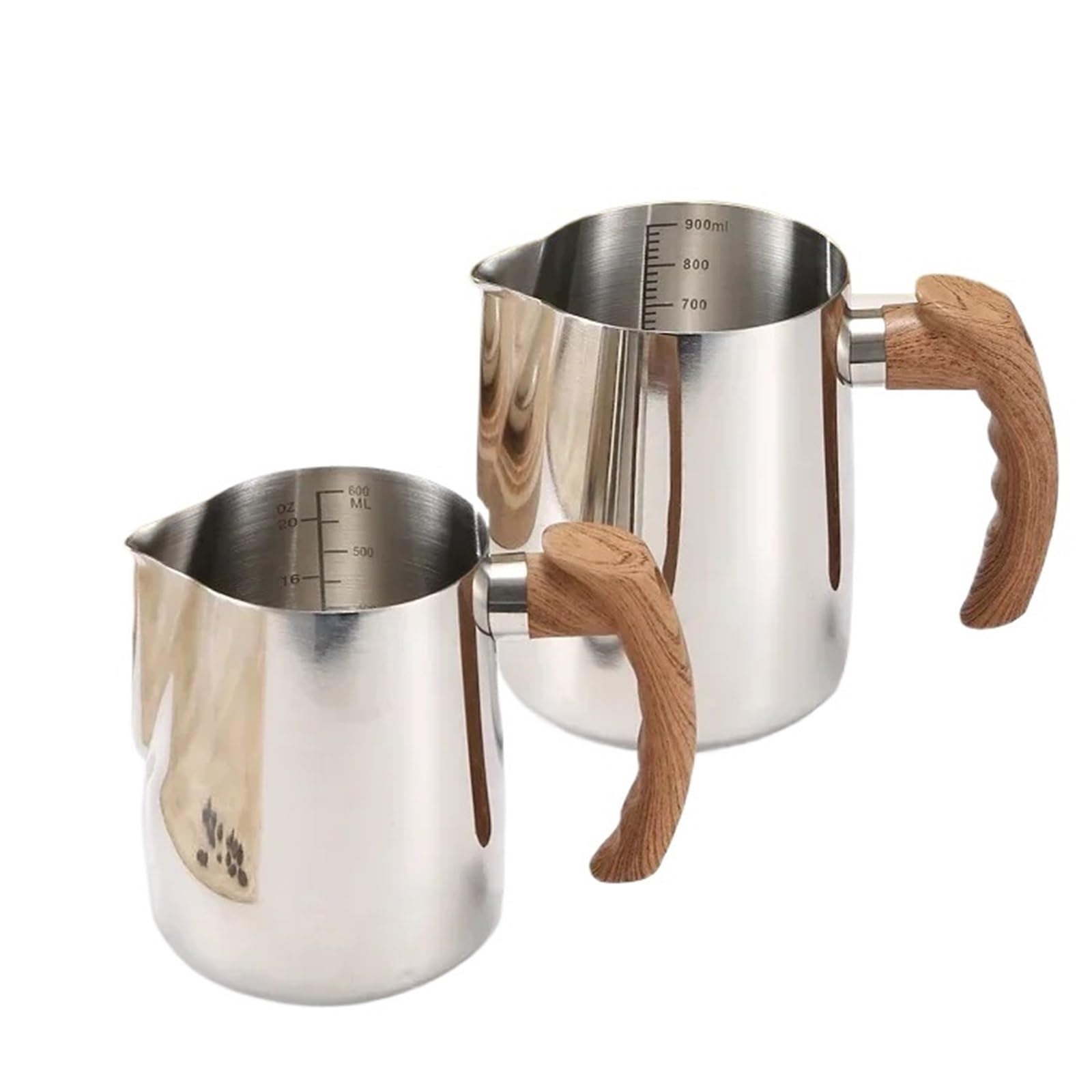 Jarra for espumar leche con escala precisa, mango de madera, taza de café Latte de acero inoxidable, 2 uds. Para café(Silver,600ML)