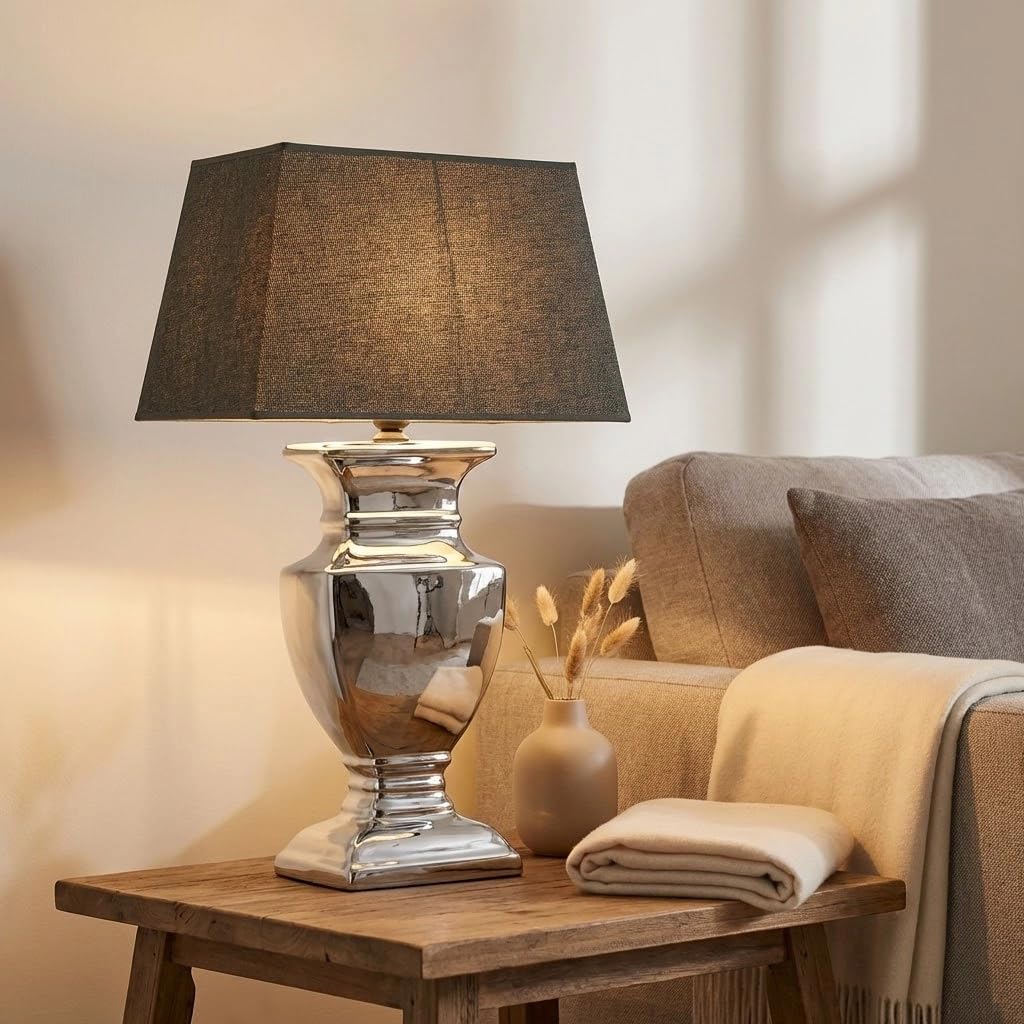DRULINE Silver Lady Tischlampe Tischleuchte Lampe Keramik Grau Nachttischlampe Lampenfuß 53 cm