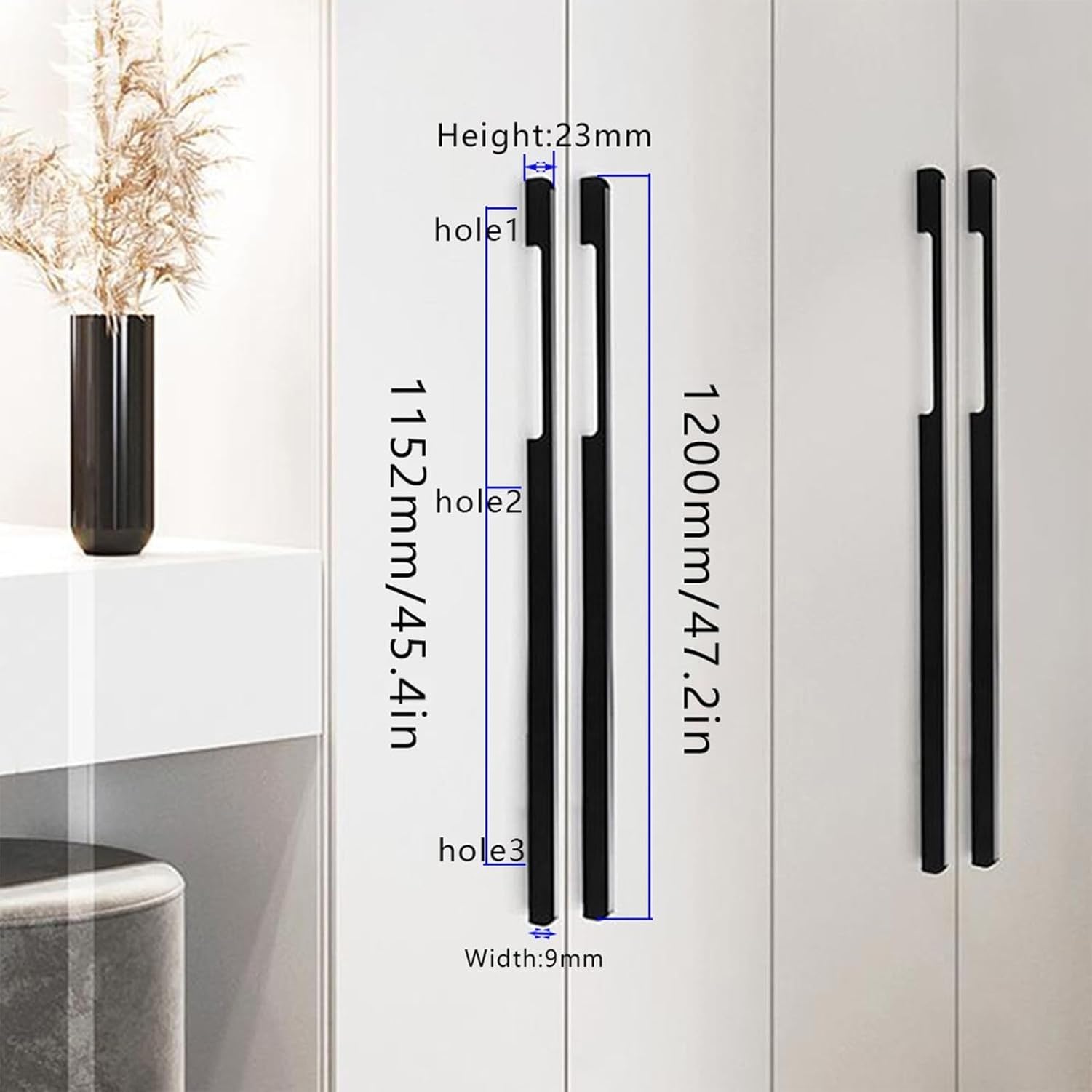 Küchengriffe Schwarz für Schränke, Lochabstand 320 mm, Moderne Schubladengriffe, Black, Overall Length:1200mm/47.2in