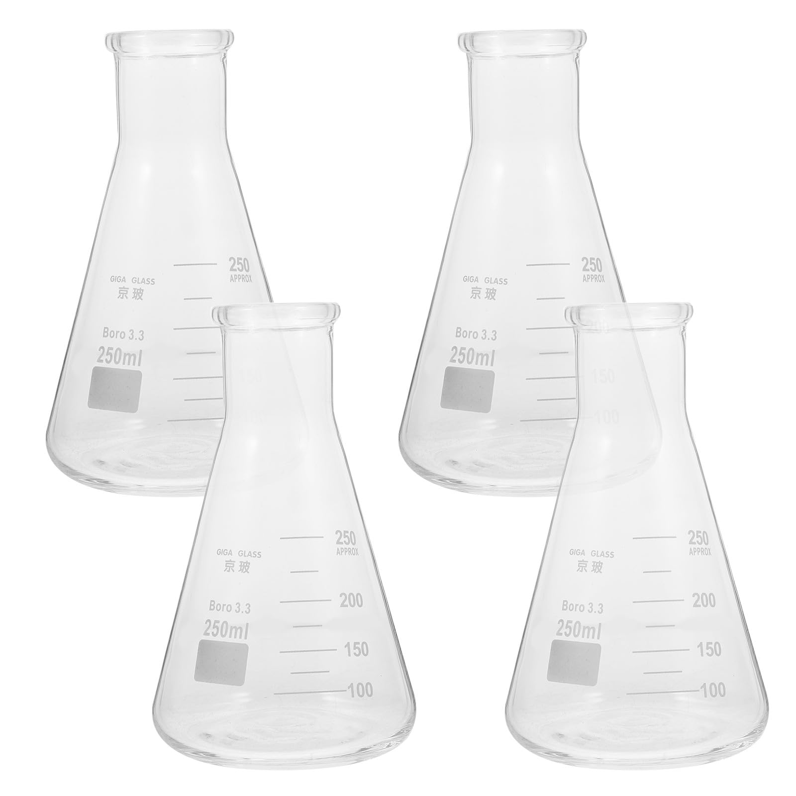PACKOVE Set 4 Pezzi Beuta Conica Graduata in Vetro Borosilicato Spesso, Capacità Grande, Forma Triangolare per Esperimenti di Laboratorio e Scuola