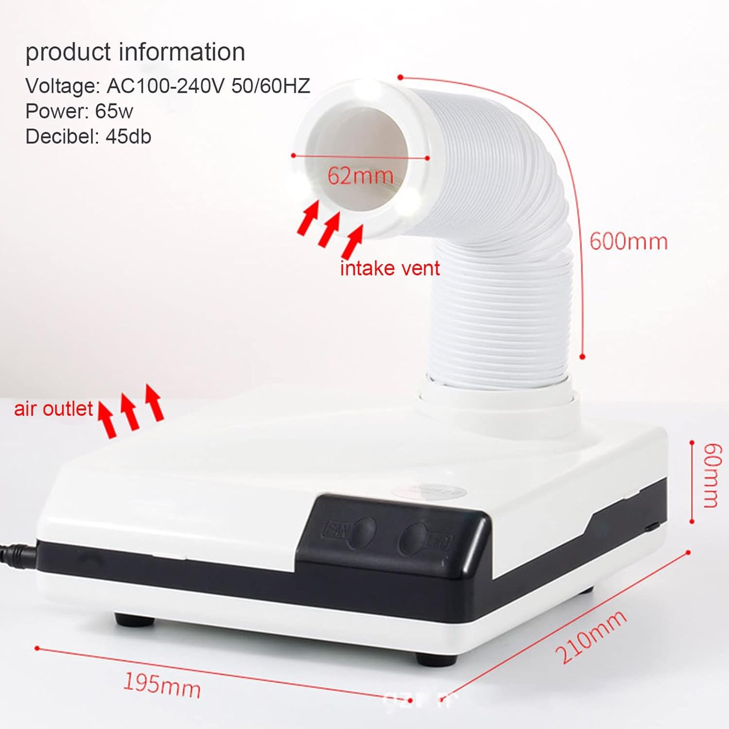 Dental Lab Desktop Dust Collector, 60W Strong Power Nails Fan Dust Remover Collector with 3 LED, Retractable Suction Tube