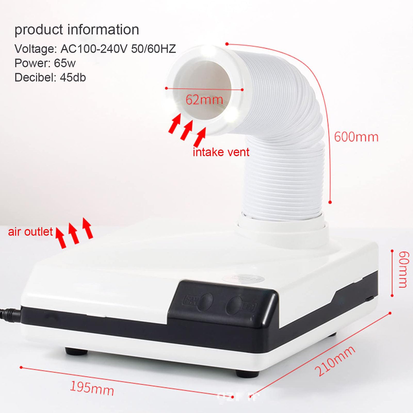 Potente aspiradora dental eléctrica de 65 W, colector de polvo de uñas con ventilador de succión fuerte y luz LED, rotación de 360° para laboratorio dental y salón de uñas