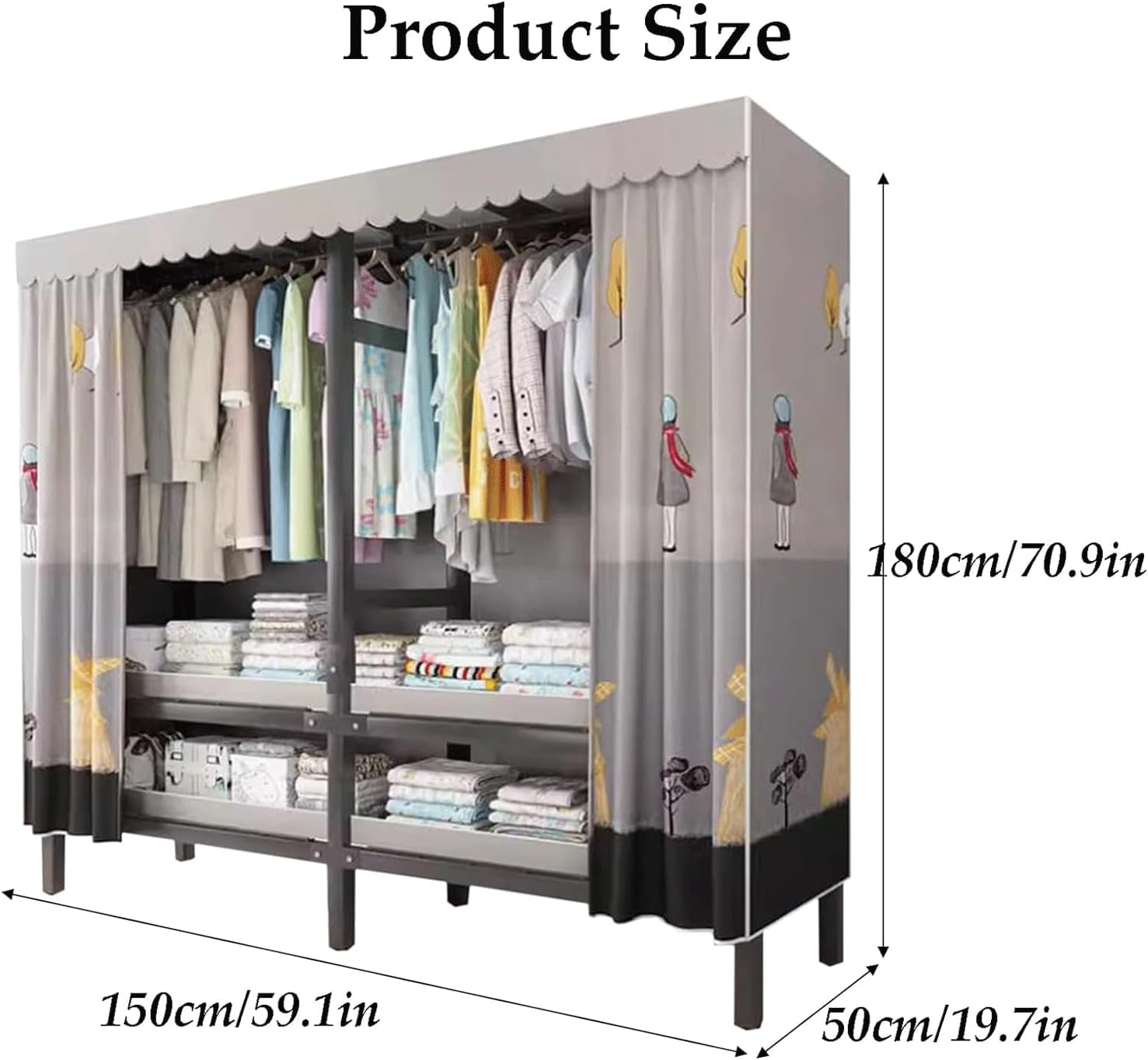 Folding Clothes Closet Metal Iron Wardrobe Closet Portable Closets for Hanging Clothes Easy to Assemble Saves Space Closet, 150cm(B)