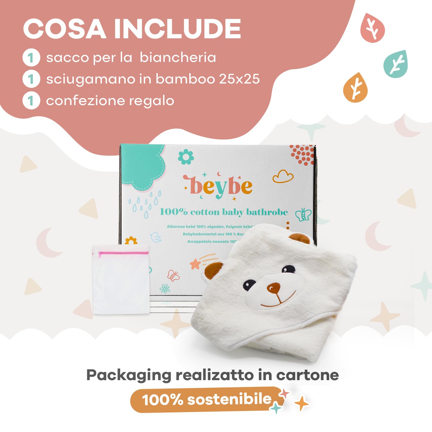 Accappatoio Neonato 6-12 mesi fino a 5 anni 90 x 90 cm, Asciugamano Neonato Bagnetto 100% Cotone Naturale, Soffice e Delicato per la Pelle- Accappatoio bambino a forma di orsetto (Orsetto)