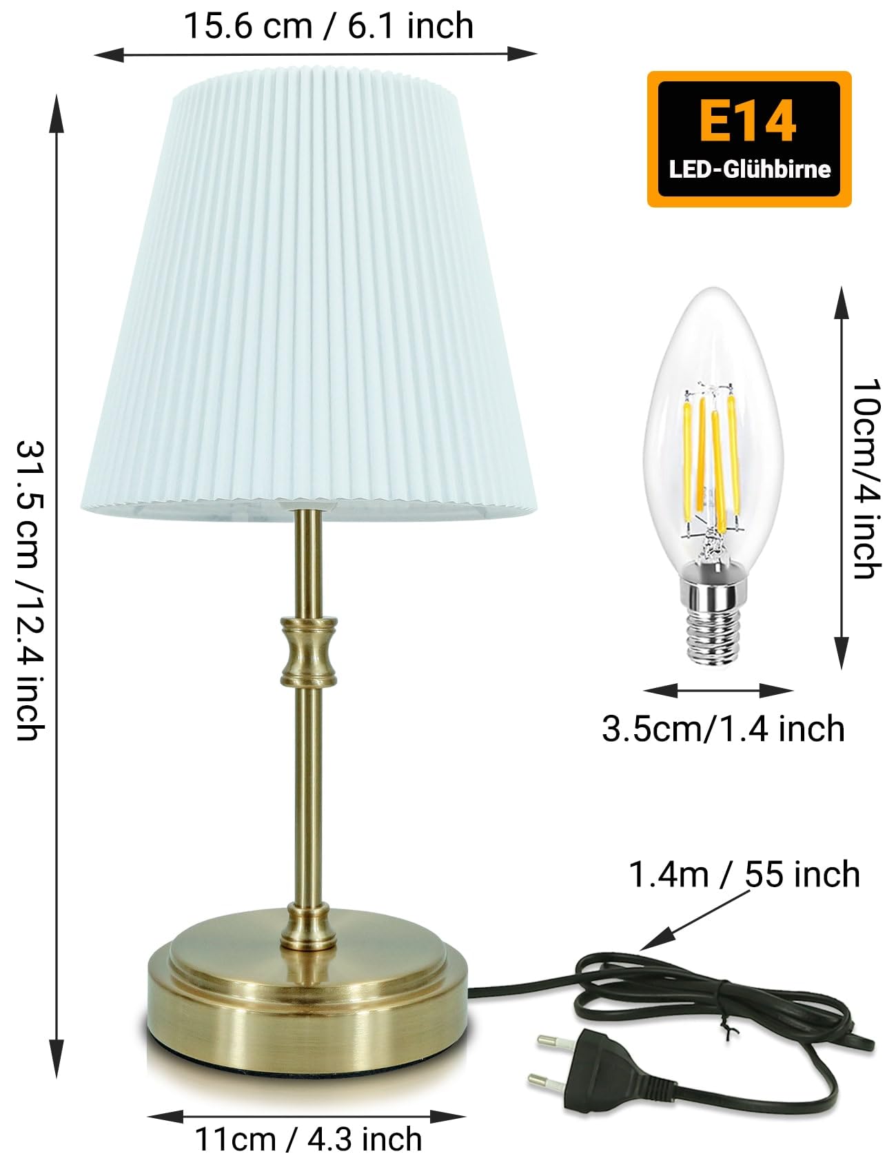 HSLighting Nachttischlampe Touch Dimmbar, 31.5cm Tischlampe Wohnzimmer Glühbirne 3 Helligkeitsstufen Einstellbar Schreibtischlampe Tischleuchte für Nachttisch Schlafzimmer Lesen Hotel, 2 Stuck
