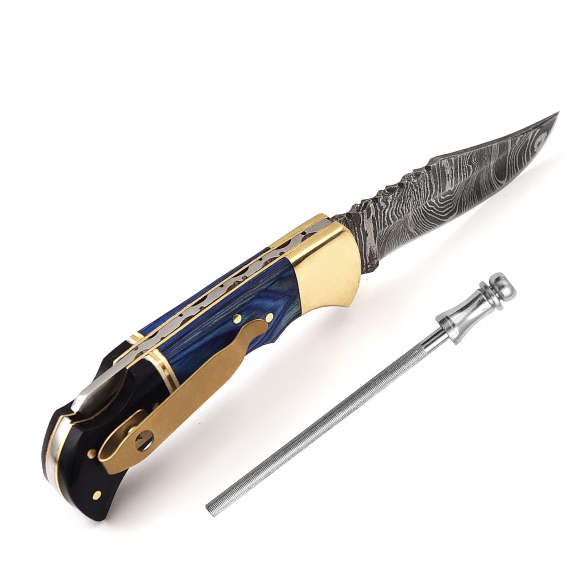 BCK Damascus Pocket Knife with Clip - 6.5