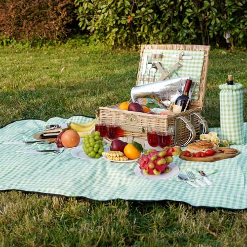 Picnic Basket for 4, Insulated Willow Picnic Baskets with Shoulder Strap, Picnic Hamper with Waterproof Picnic Blanket, Handmade Wicker Hamper for Outdoor Camping, GreenCheck - Thumbnail 5