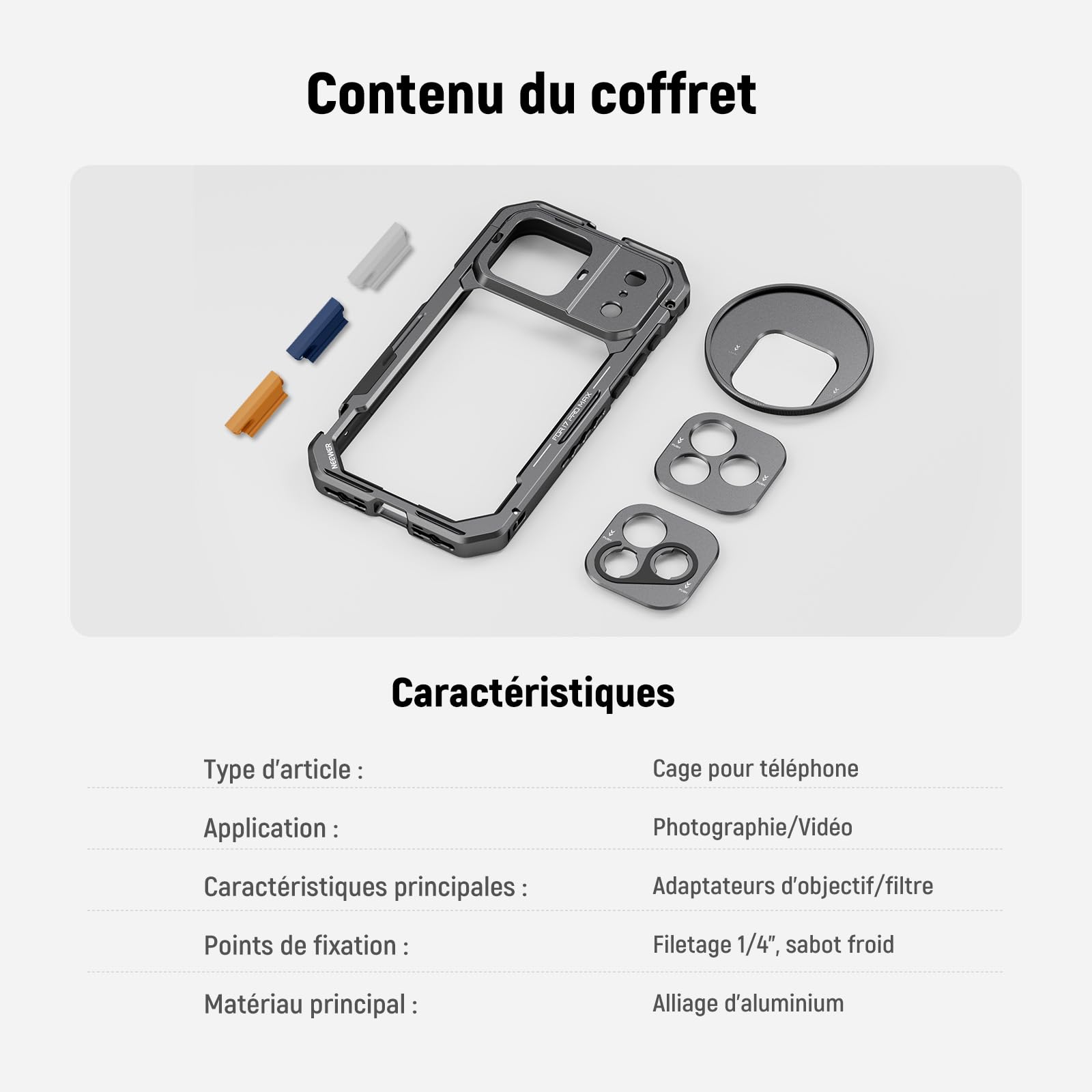 NEEWER Cage téléphone Compatible avec iPhone 17 Pro Max, stabilisateur vidéo à dégagement Rapide&Anneau Filtre 67mm, Plaque arrière d'objectif 17mm, Adaptateur Monture en T, PA144 (Noir)