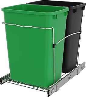 Rev-A-Shelf RV-18KD-1918C-S Double Pullout Trash Can for Kitchen Cabinets 35 Quart Garbage Recycling Bin Container on Full Slides, Green/Black