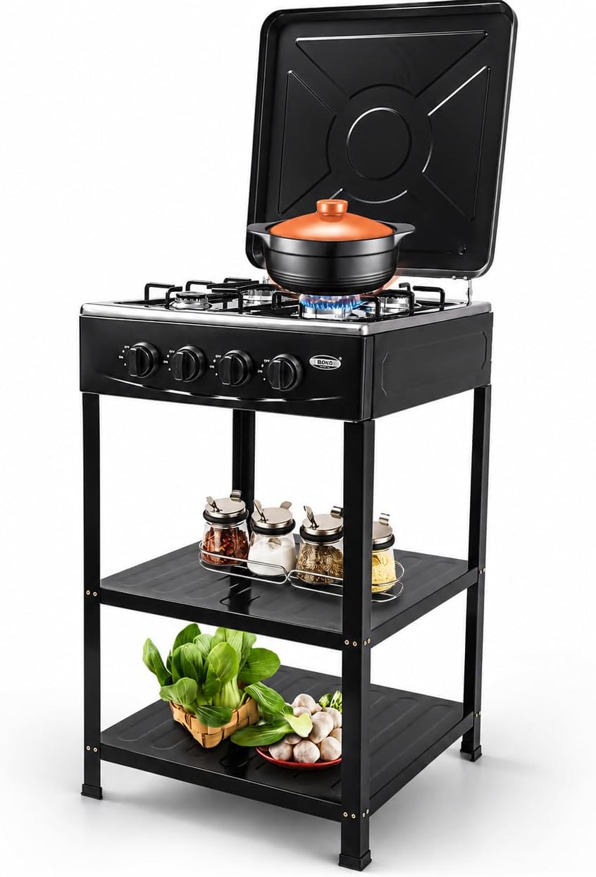 4 Burner Gas Stove Portable Outdoor Stove with Removable Storage Stand, Heavy Duty Stainless Steel Propane Gas Cooker with Wind Blocking Cover for Camping Picnic Home RV Cooking (no hose)