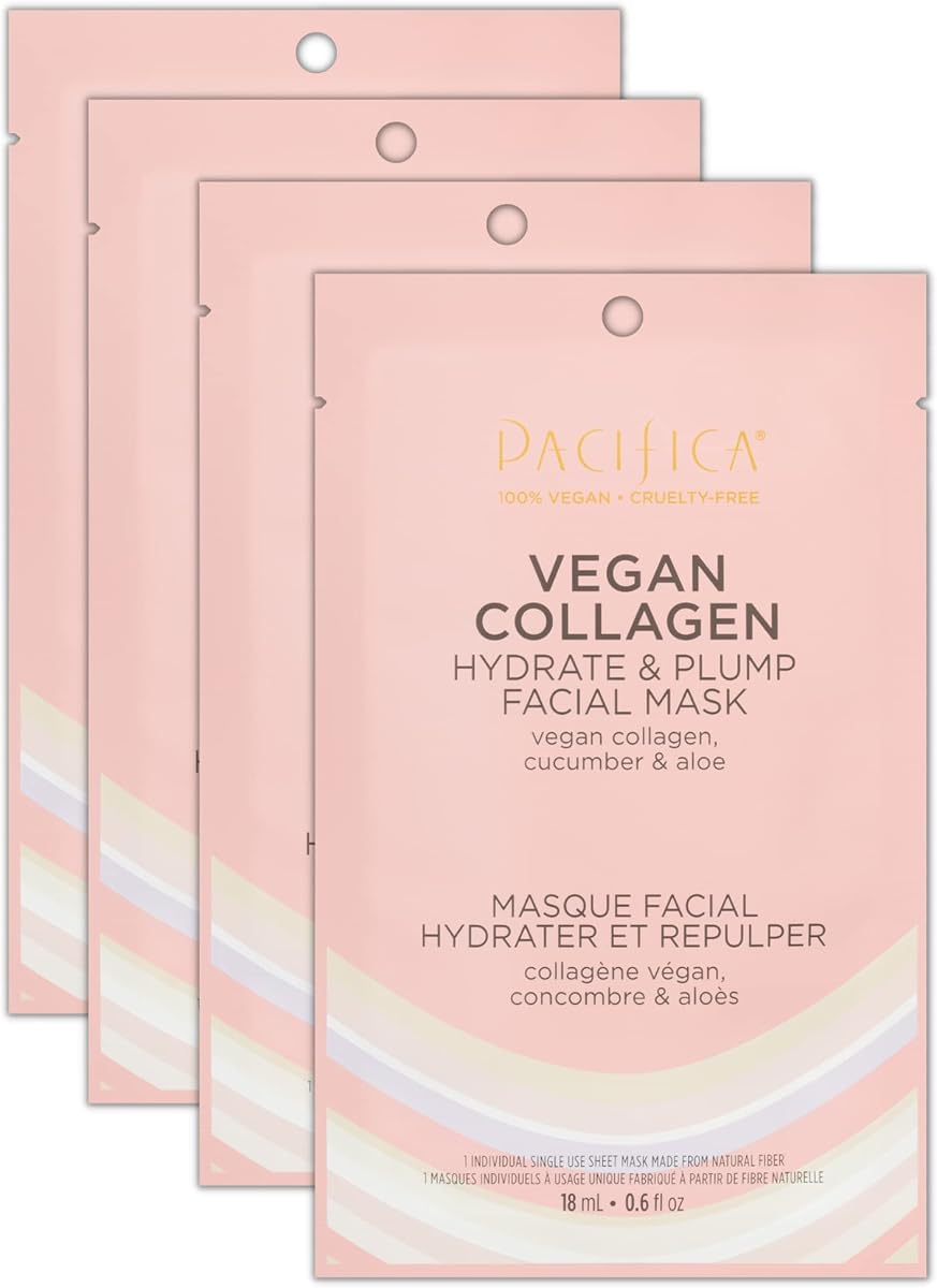 Mascarilla facial hidratante y regordeta de colágeno vegano Pacifica, paquete de 4: mascarilla en hoja hidratante y voluminizadora con péptidos para piel húmeda, con colágeno vegano, pepino y aloe, cuidado de la piel de belleza limpia