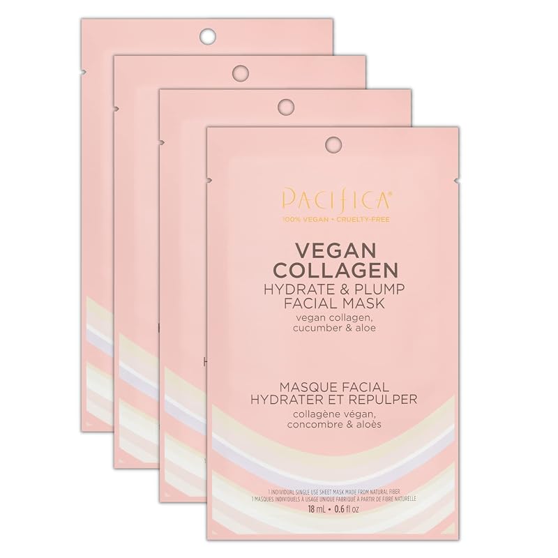 Pacifica Máscara Facial de Tecido com Colágeno Vegano, Pepino e Aloe, Pacote com 4