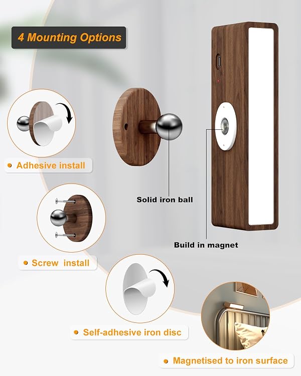 DetarZinLED Battery Operated Wall Sconce Wood, Stick On Rechargeable Wall Sconce, Dimmable Wireless Magnetic Wall Mount Reading Light for Bedroom Bedside(Walnut Wood, 1 Pack-Touch&Remote Control) by DetarZinLED - Image 5